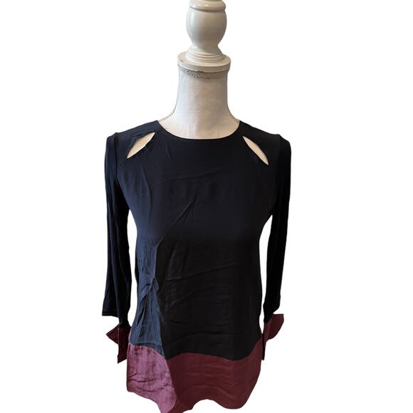 Bailey 44 Silk Color Block Long Sleeve Top Navy Maroon XS - Picture 2 of 6